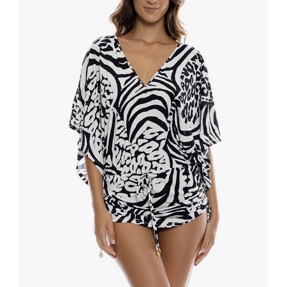 Luli Fama Swim Over Up Mini Dress Sz S Zebra Print V Neck Drawstrings Beach